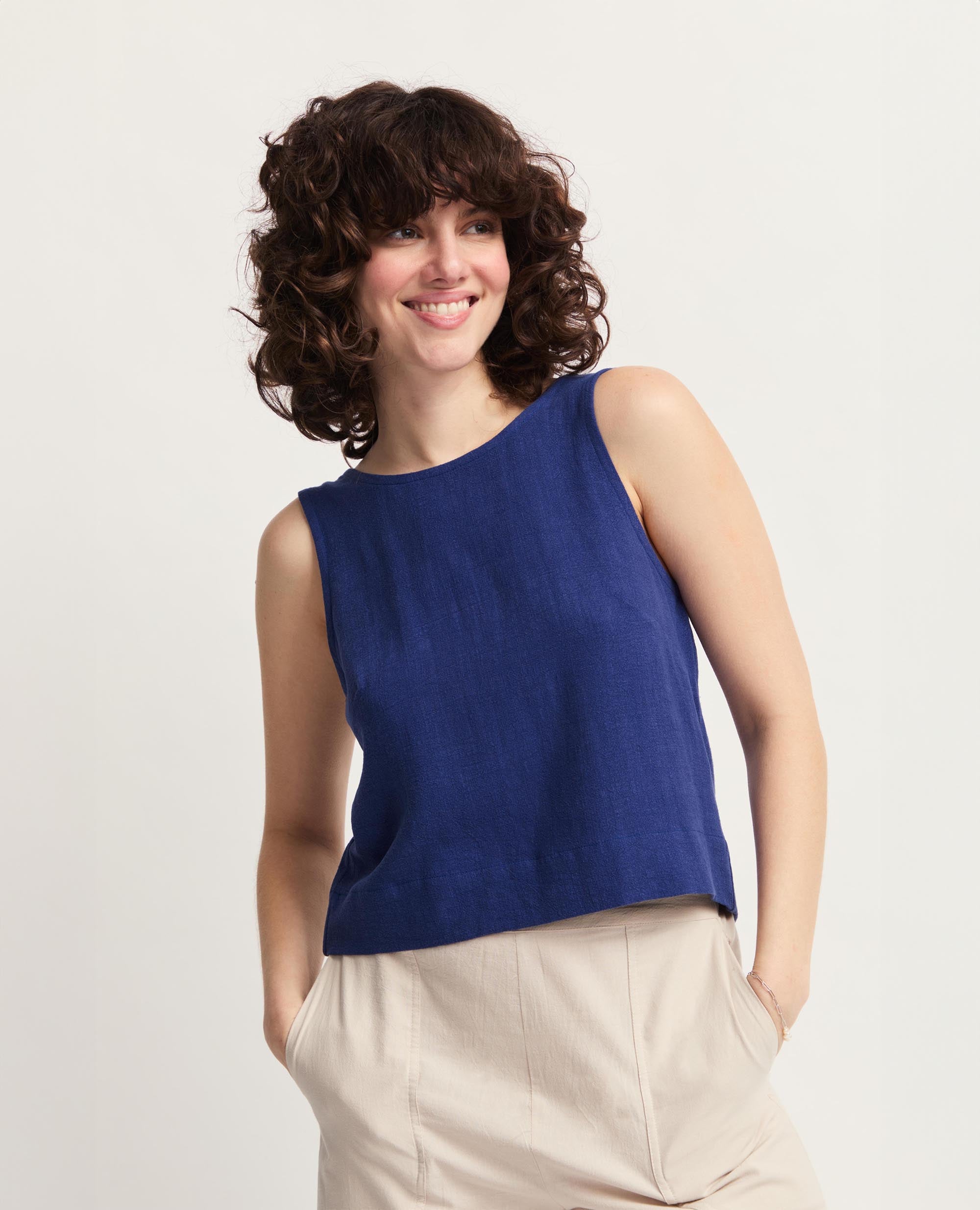 Didi | Sleeveless Open Back Tank Blouse | Indigo