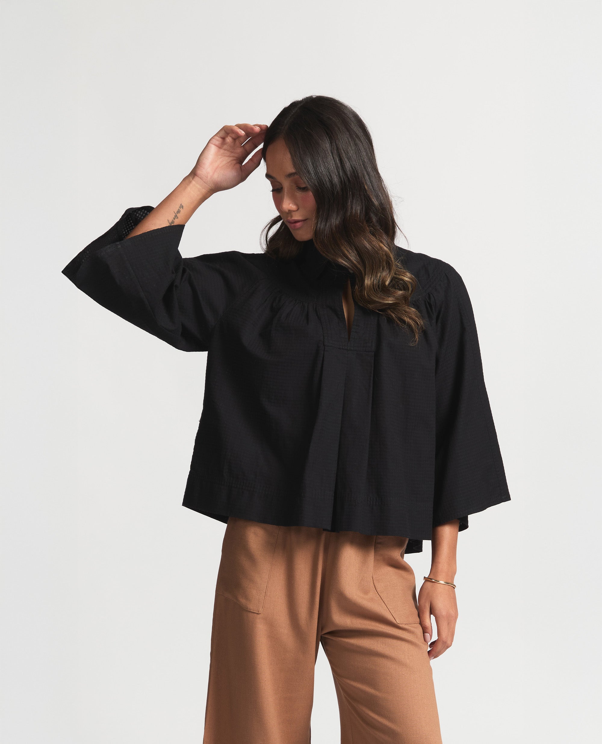 Alva | Three-Quarter Blouse | Black Check