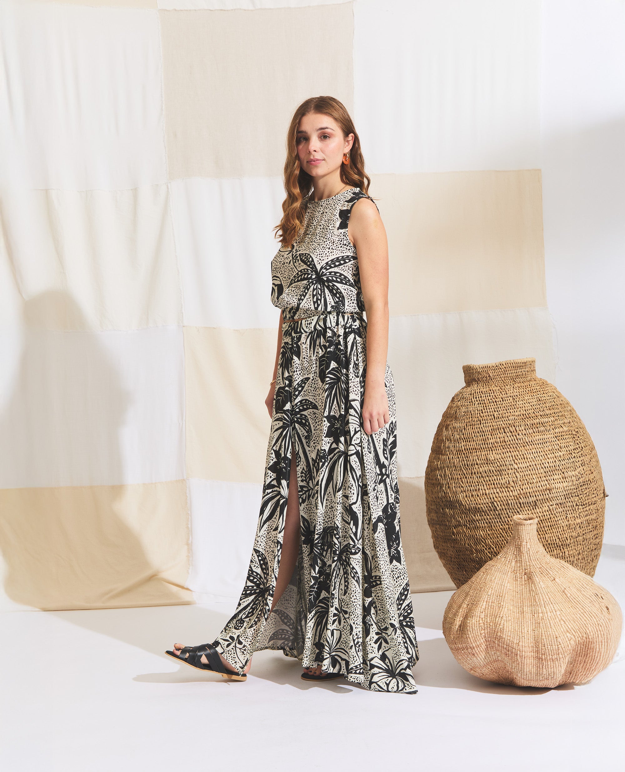 Maxi | Skirt With Slits | Black & Ecru Jungle