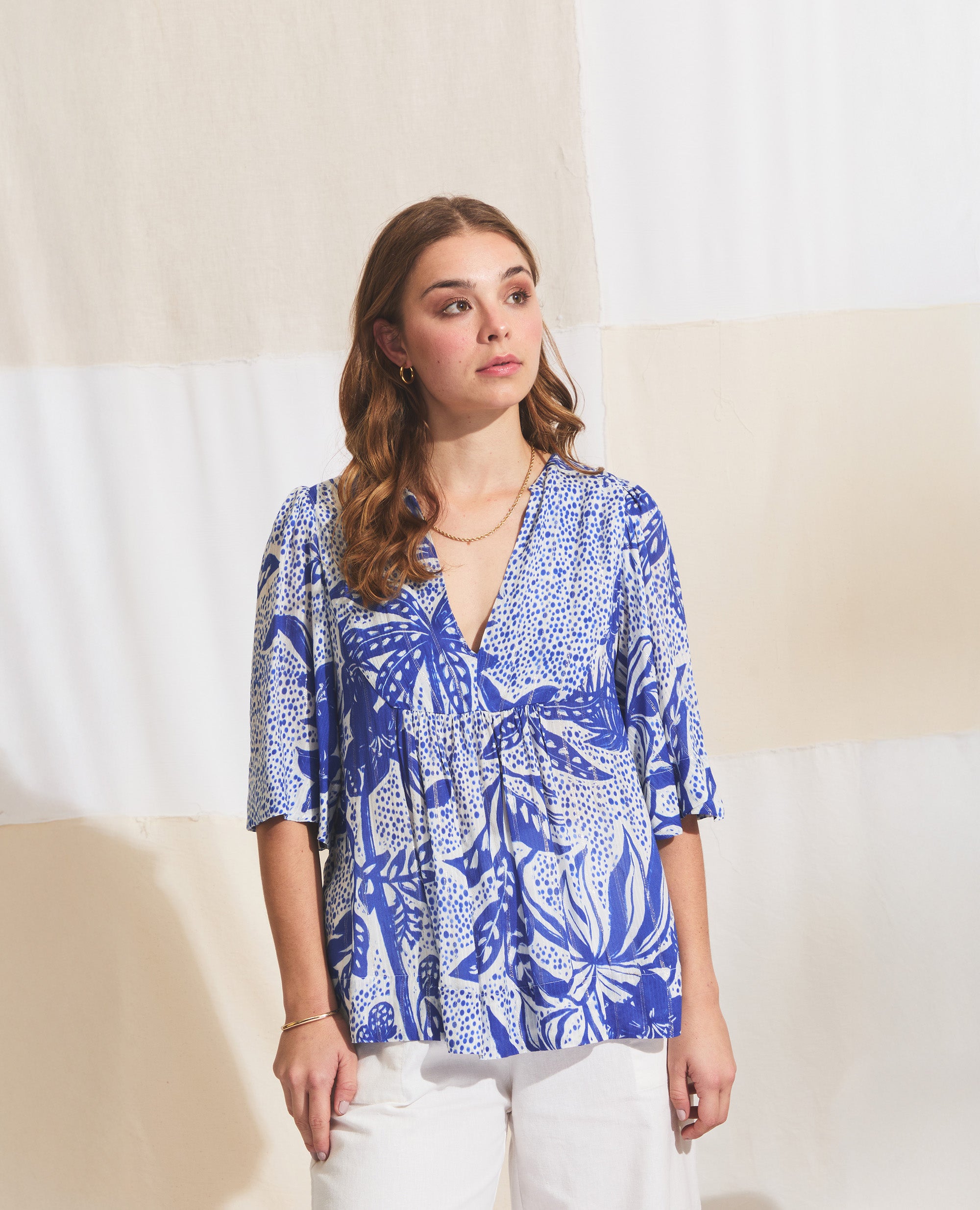 Luna | Relaxed Fit Blouse | Cobalt & Ecru Jungle