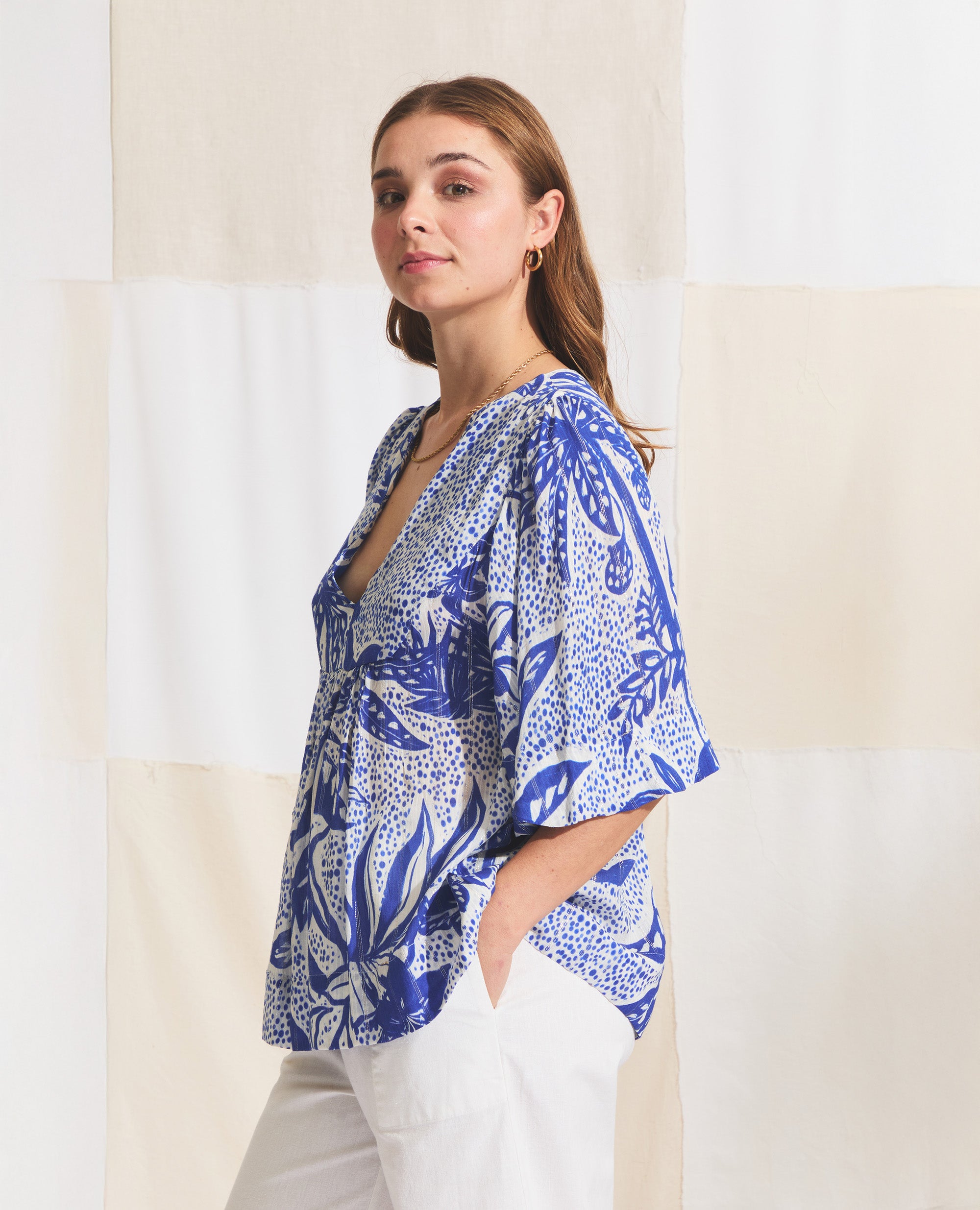 Luna | Relaxed Fit Blouse | Cobalt & Ecru Jungle