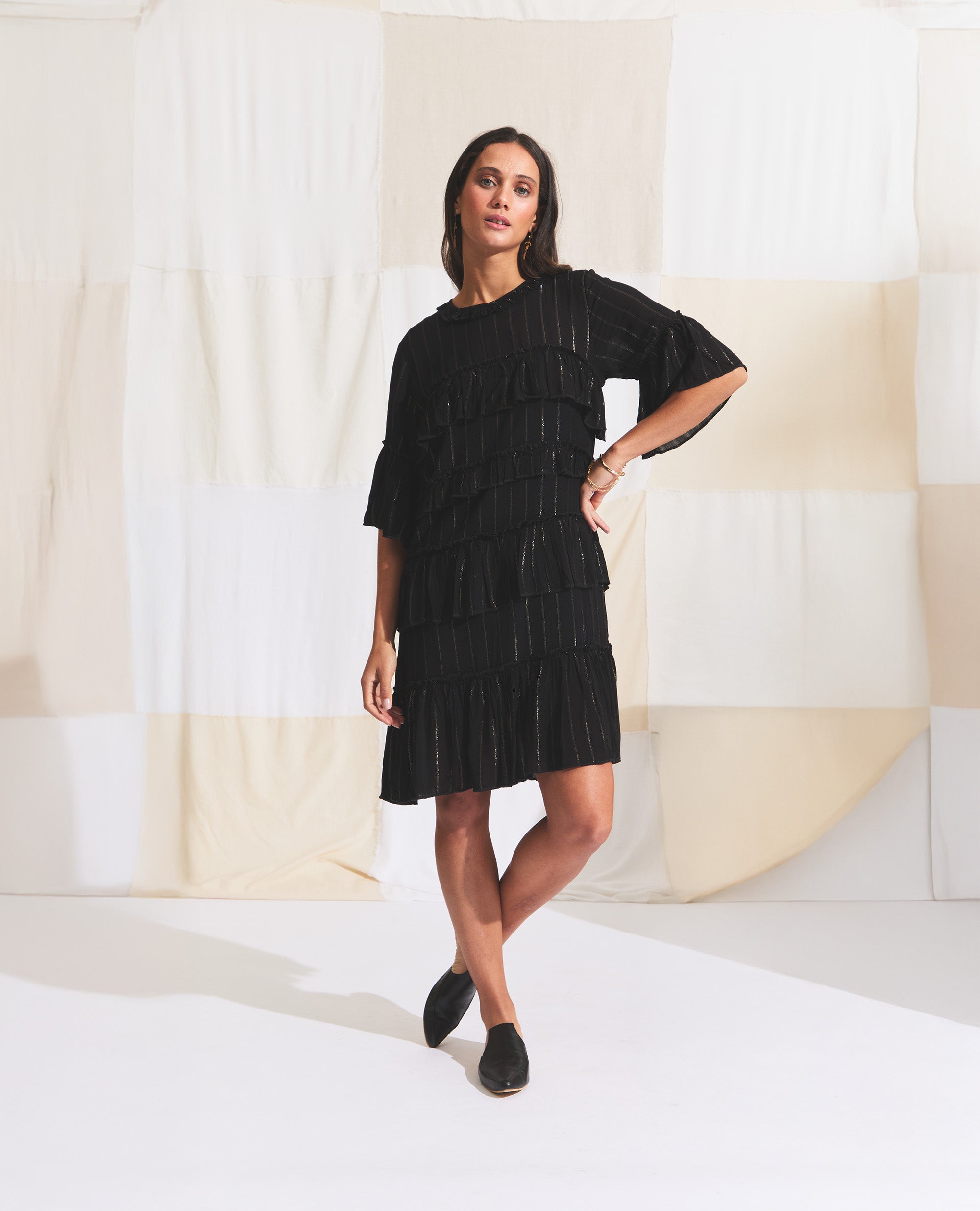 Leta | Mini Dress | Black with Gold Stripe