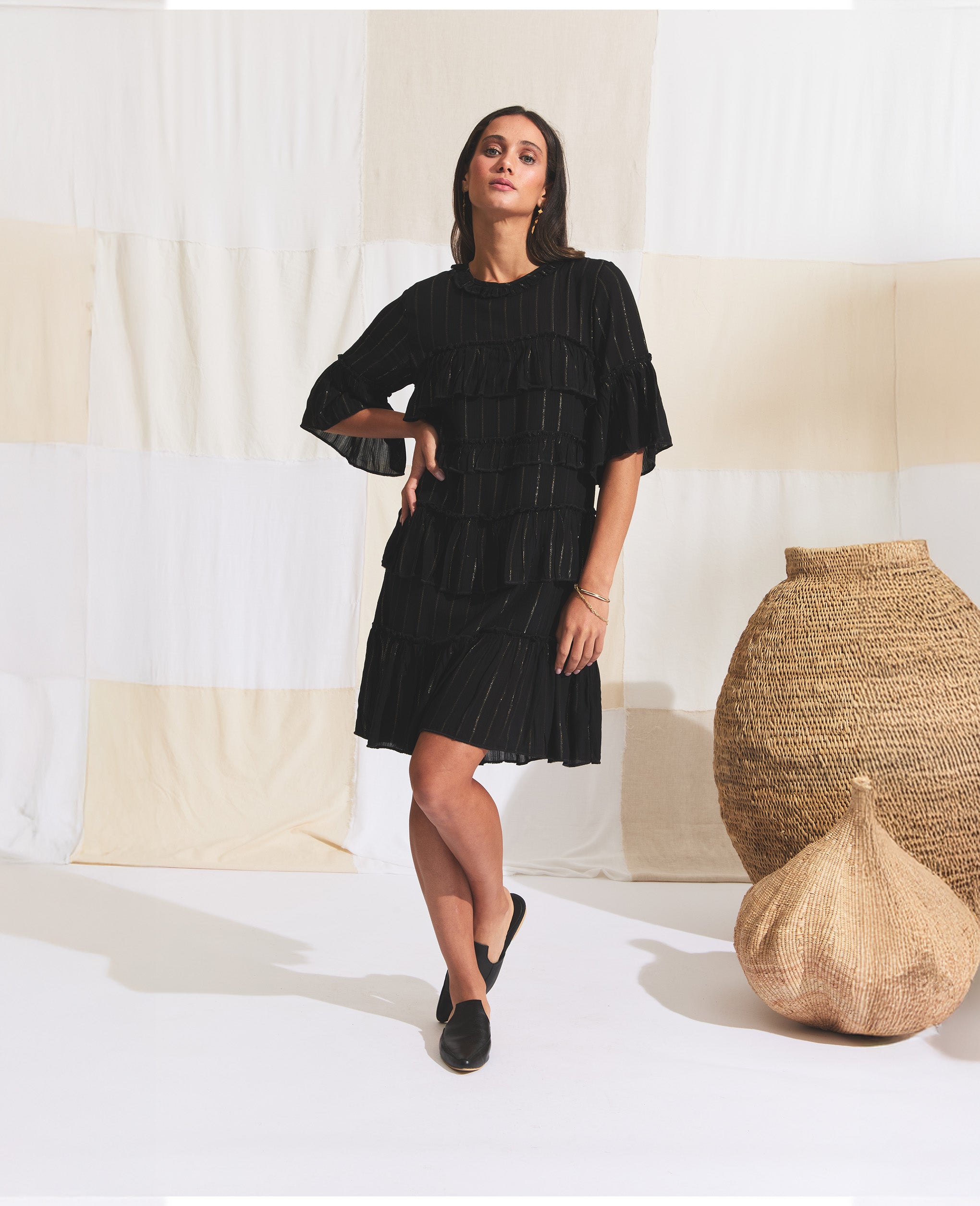 Leta | Mini Dress | Black with Gold Stripe
