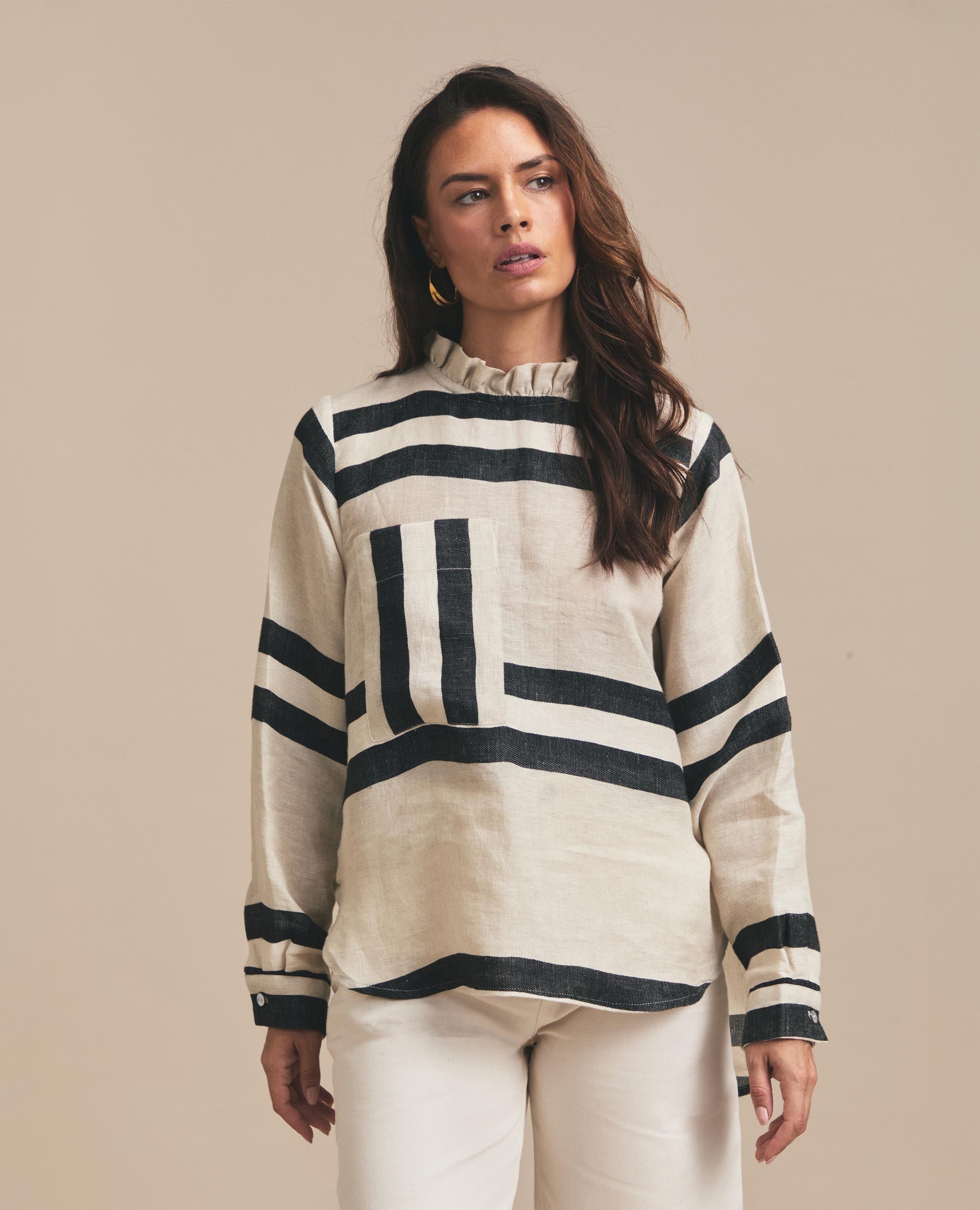 Luisa | Frill Neck Blouse | Black & Beige Stripe