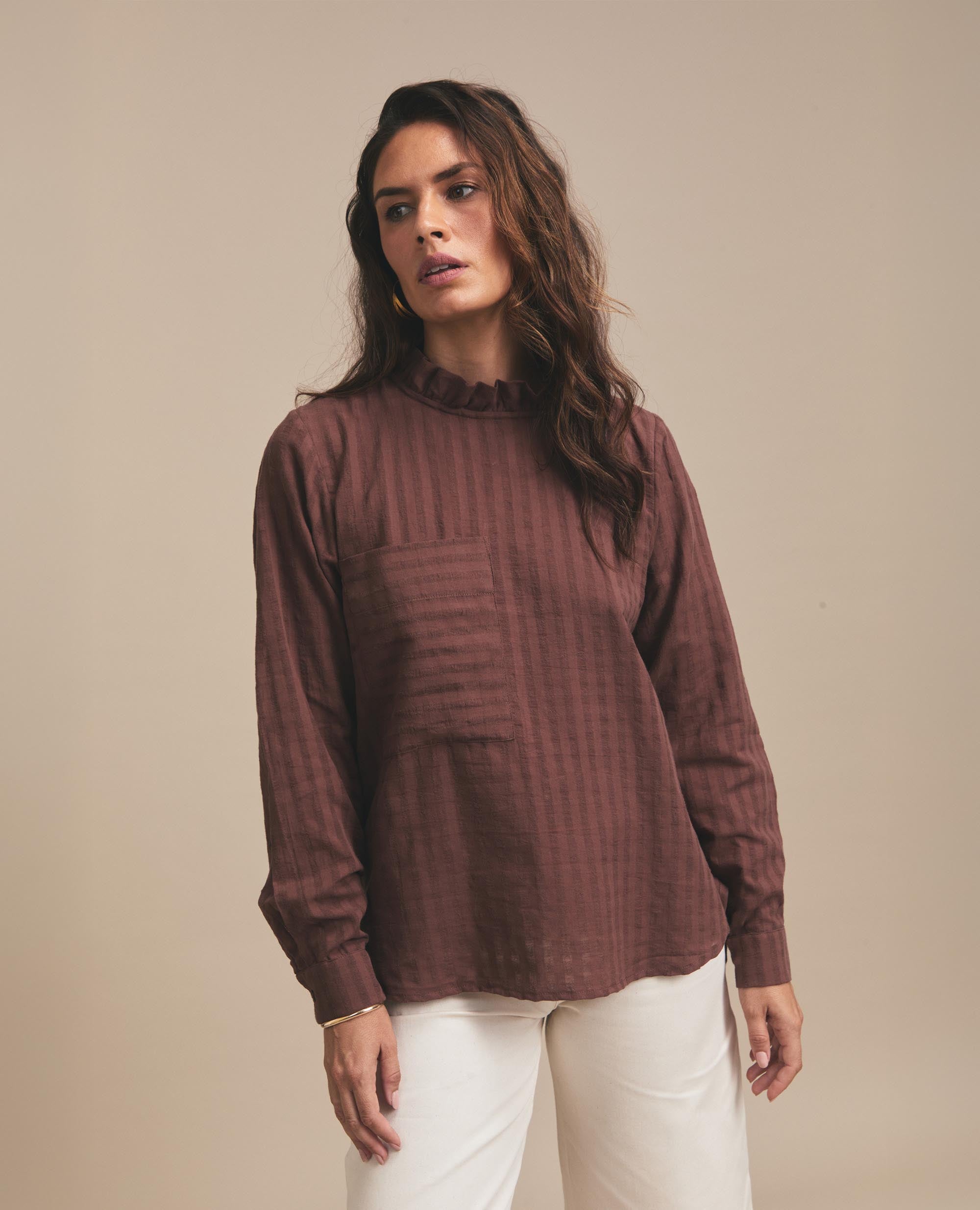 Luisa | Frill Neck Blouse | Chocolate
