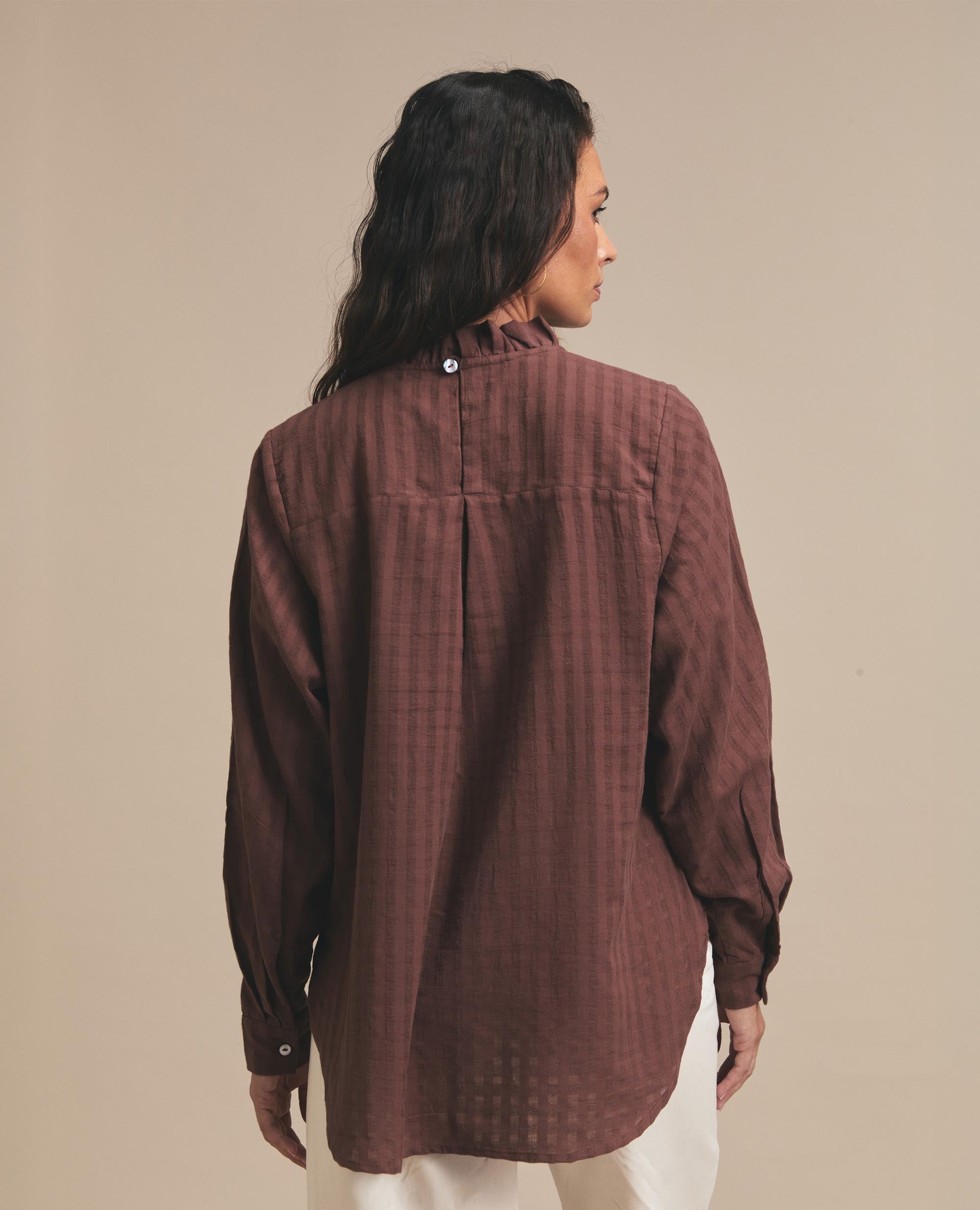 Luisa | Frill Neck Blouse | Chocolate