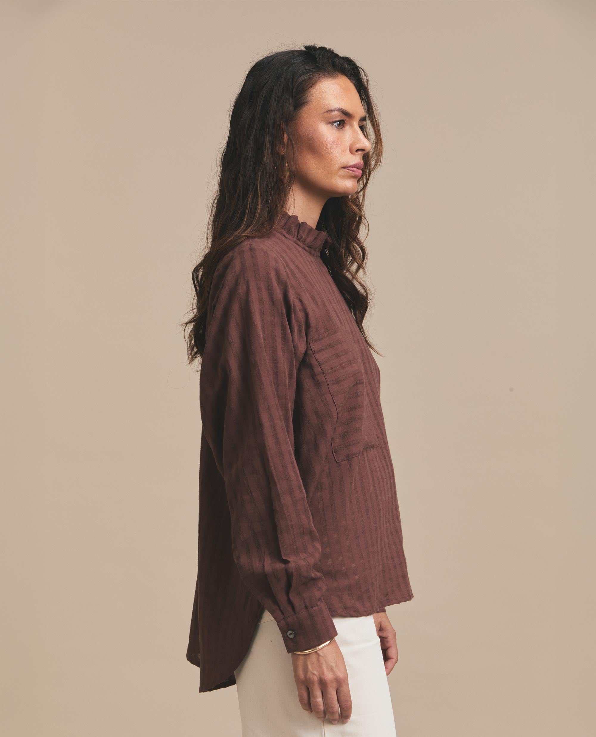 Luisa | Frill Neck Blouse | Chocolate