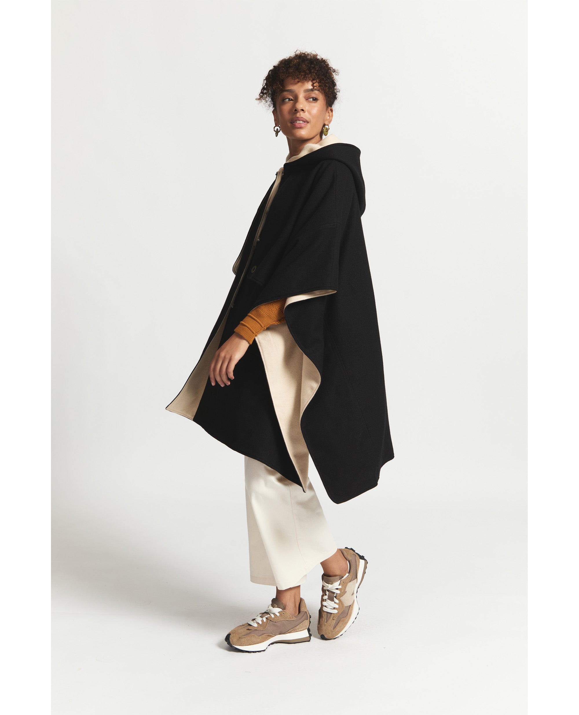 Tone | Oversized Poncho With Hood | Black & Beige