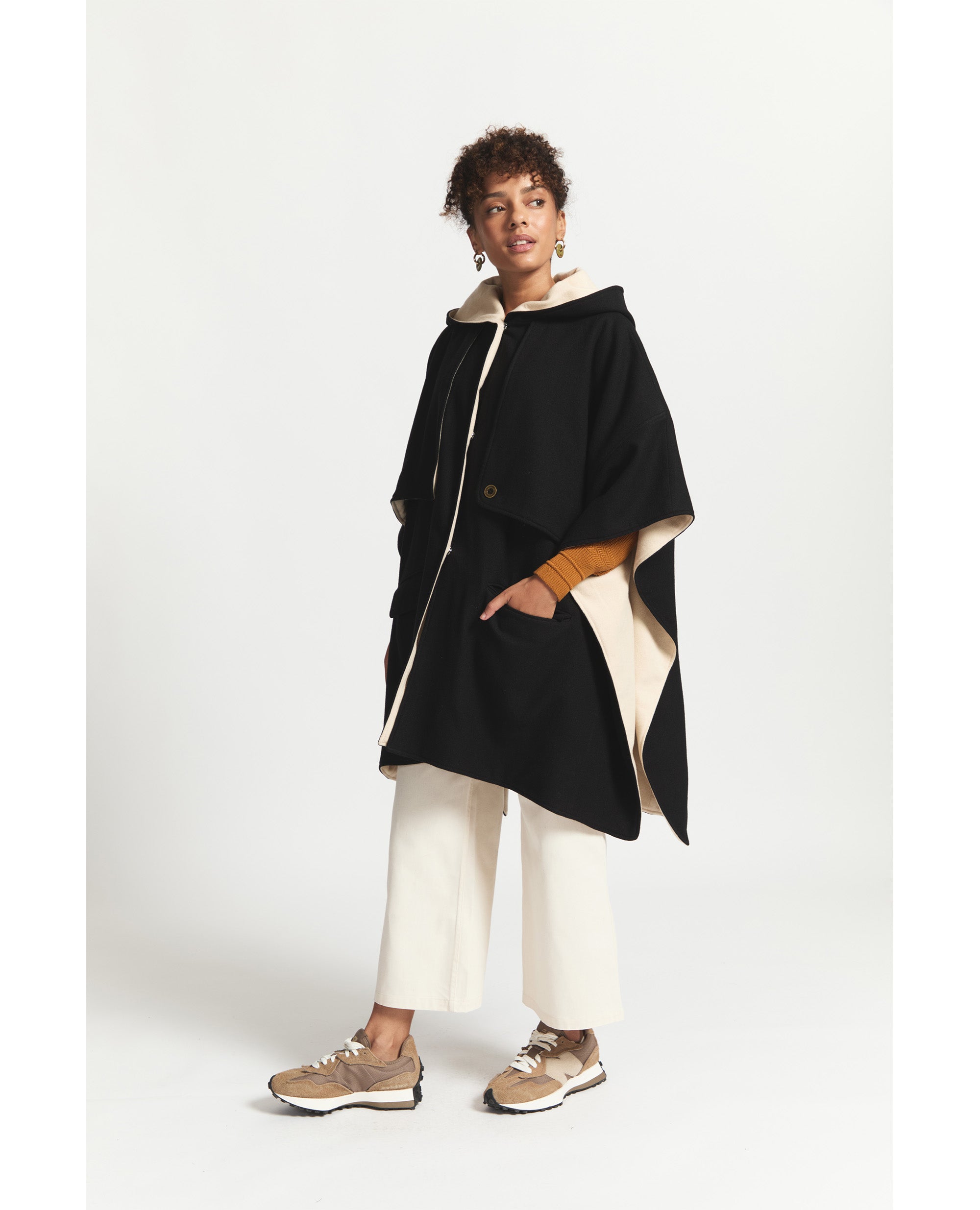Tone | Oversized Poncho With Hood | Black & Beige