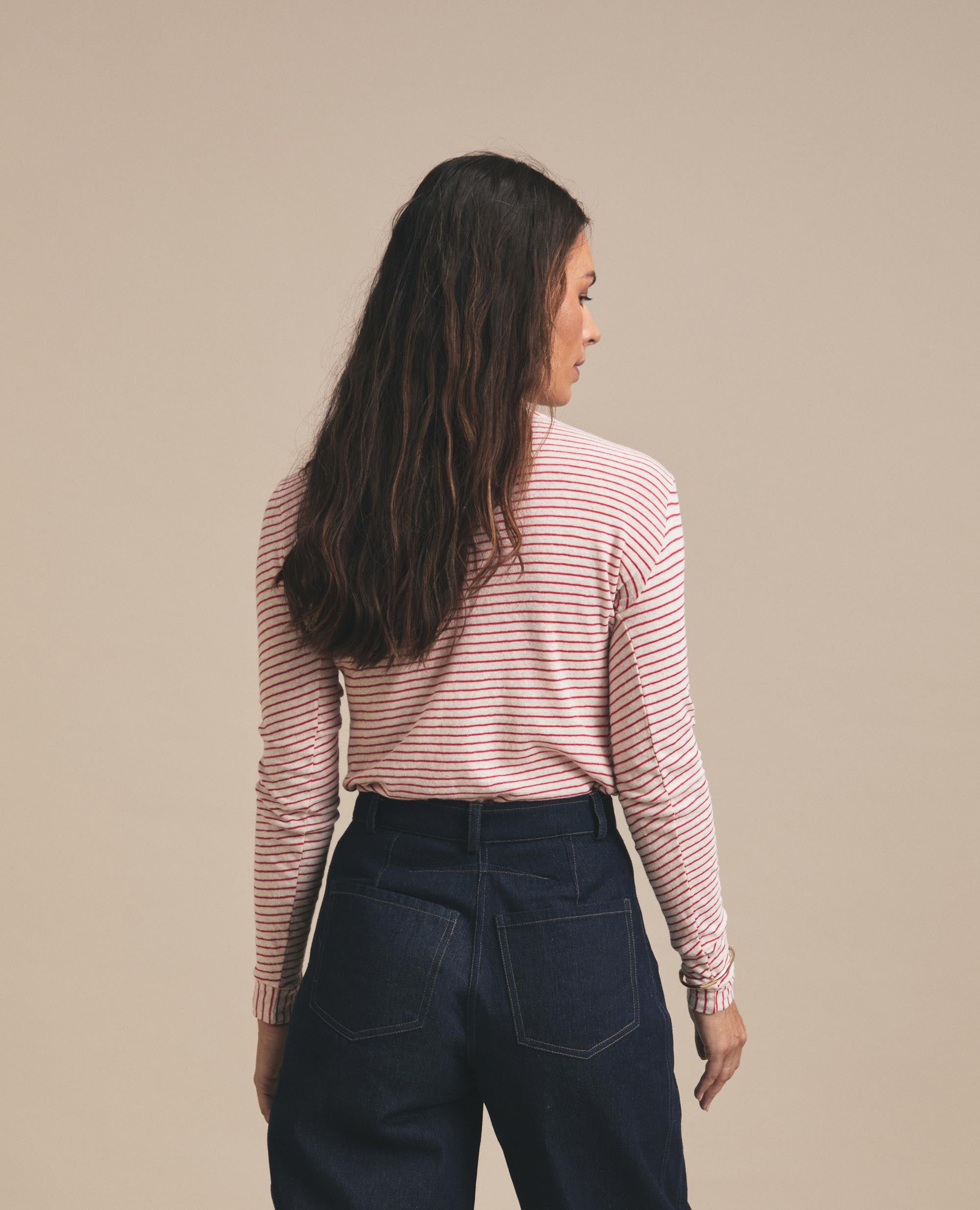 Asha | Fitted Crew Neck Top | Red & Cream Stripe