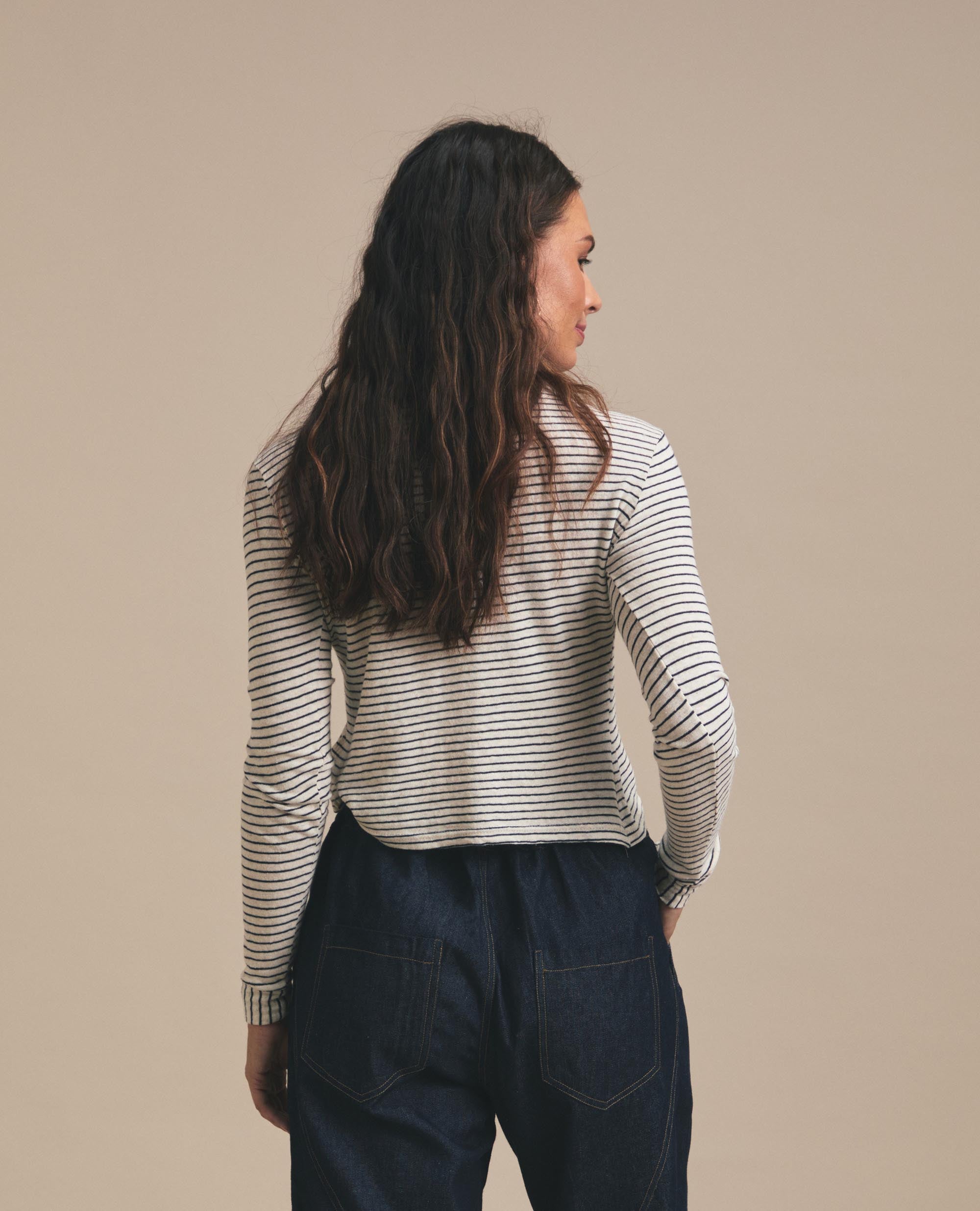 Asha | Fitted Crew Neck Top | Navy & Cream Stripe