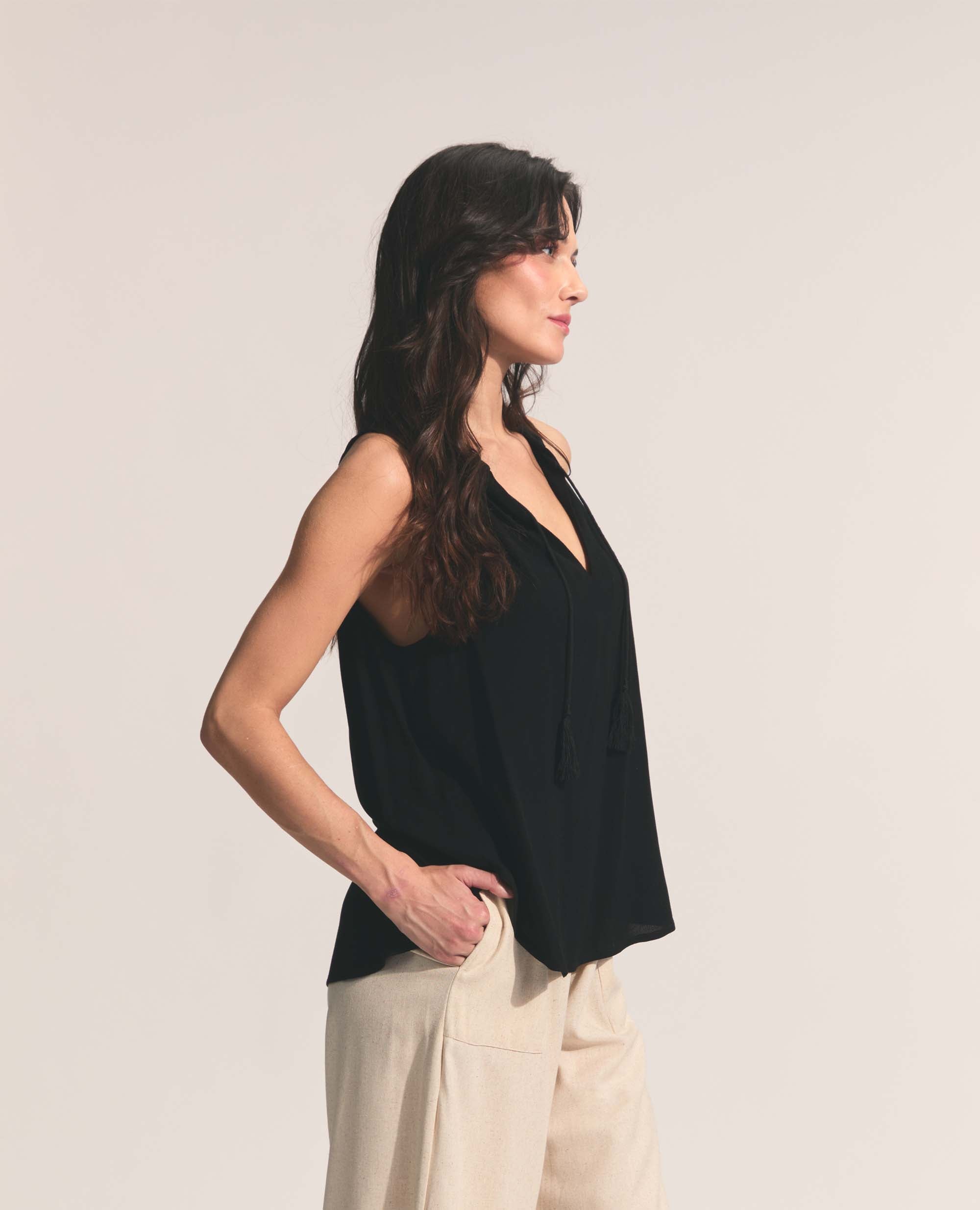 Alfama | Tassle Tie Blouse | Black