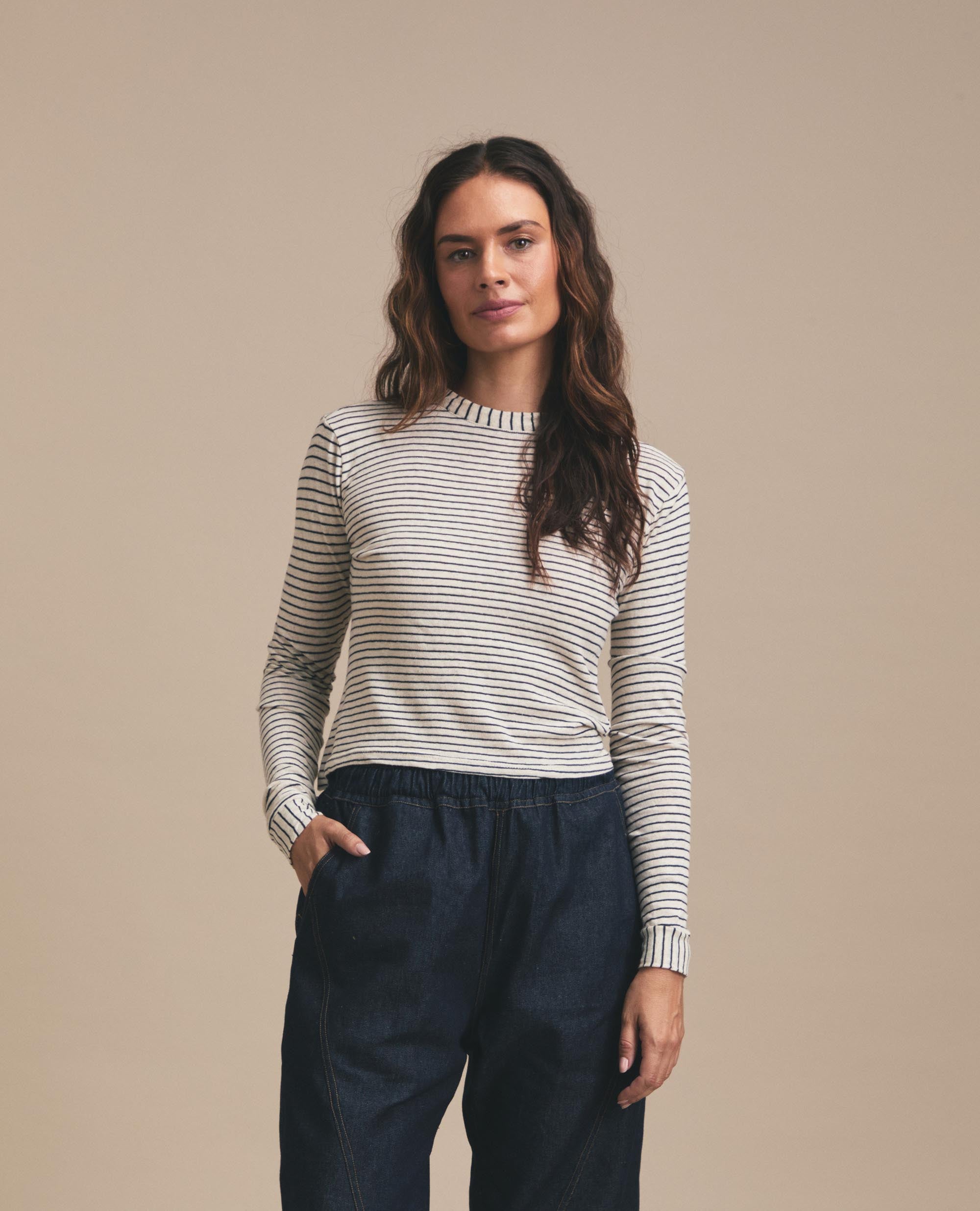 Asha | Fitted Crew Neck Top | Navy & Cream Stripe