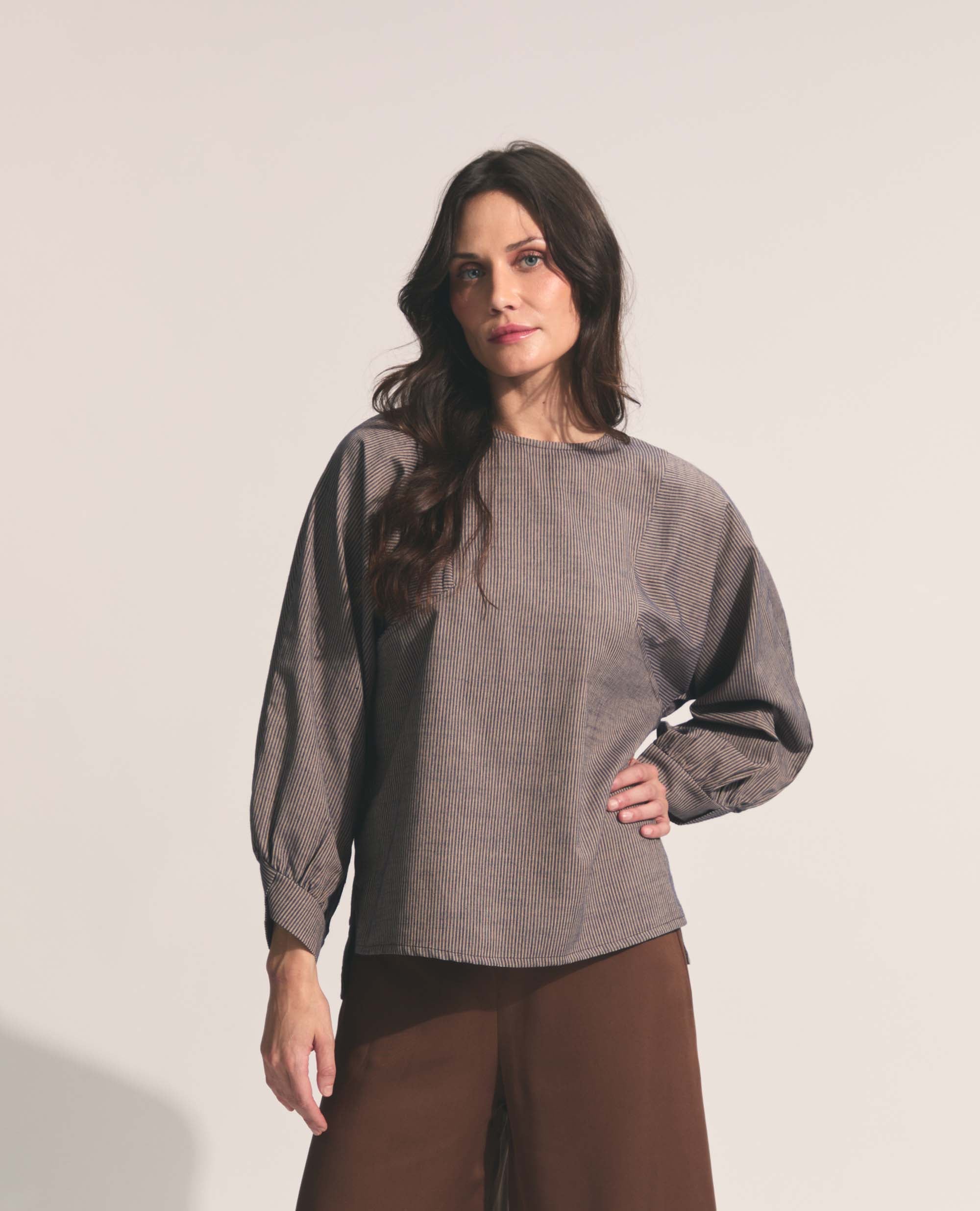 Helena | Oversized Blouse | Navy & Tan Stripe
