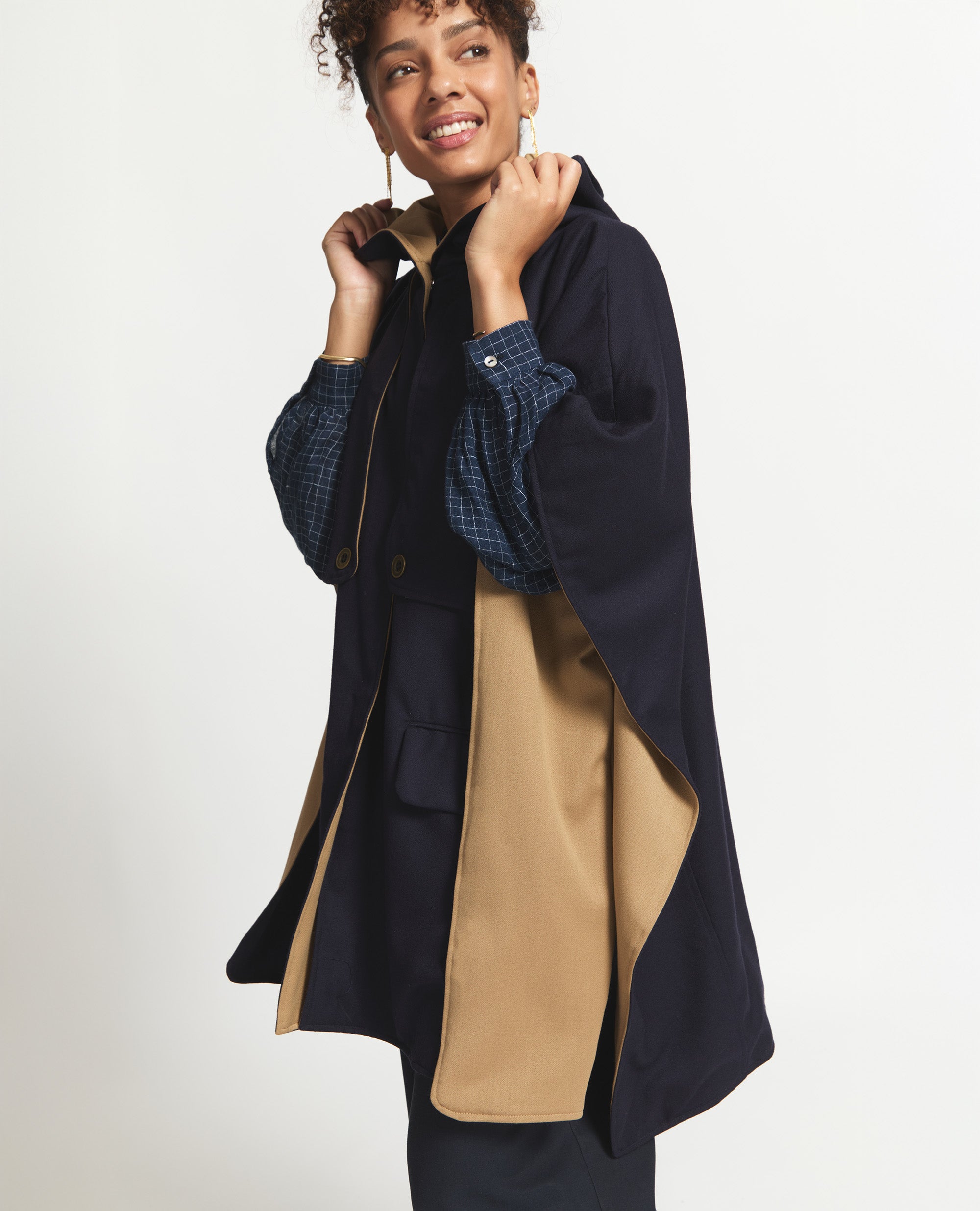 Tone | Oversized Poncho With Hood | Navy & Toffee