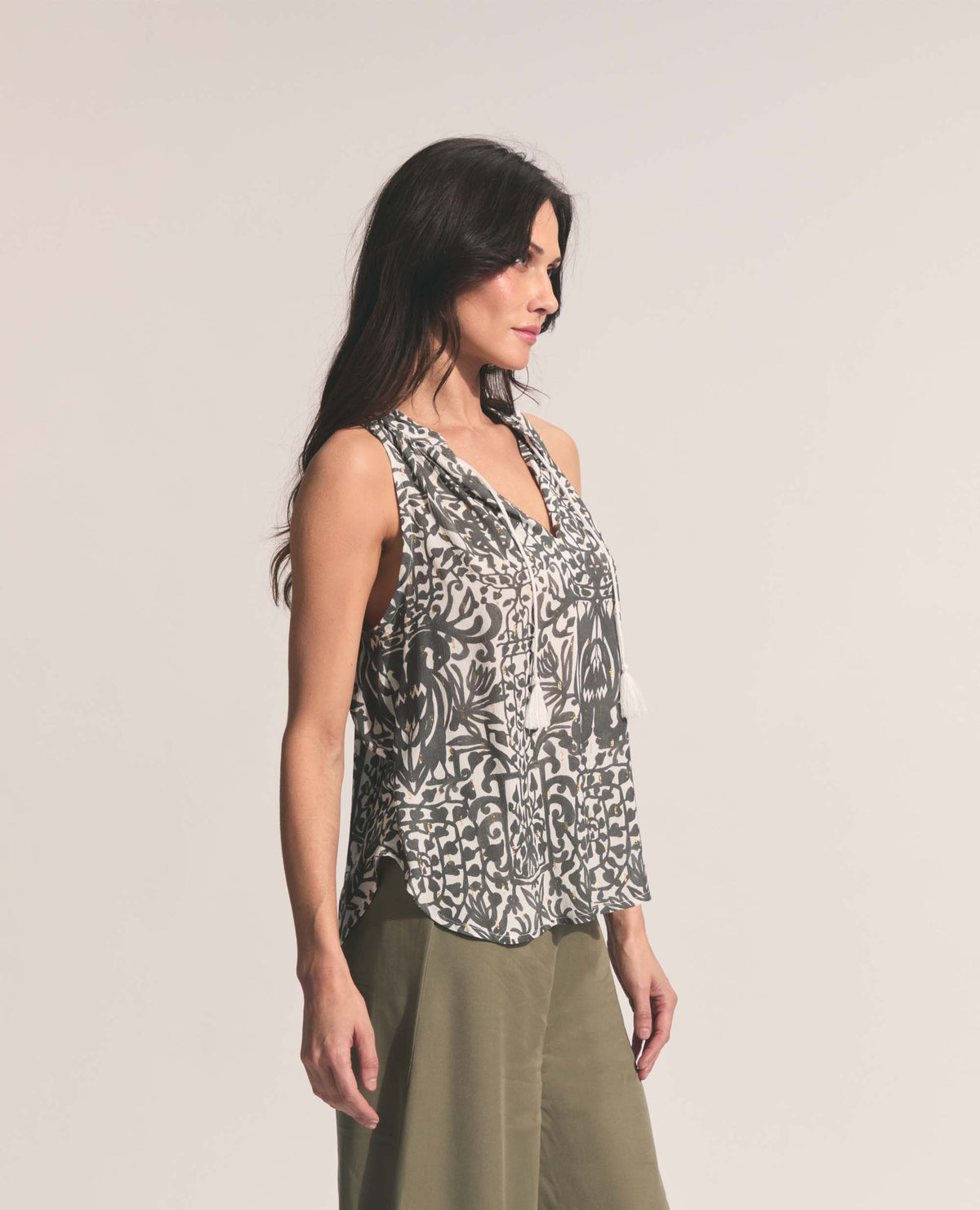 Alfama | Tassle Tie Blouse | Gold & Charcoal Ostrich Print