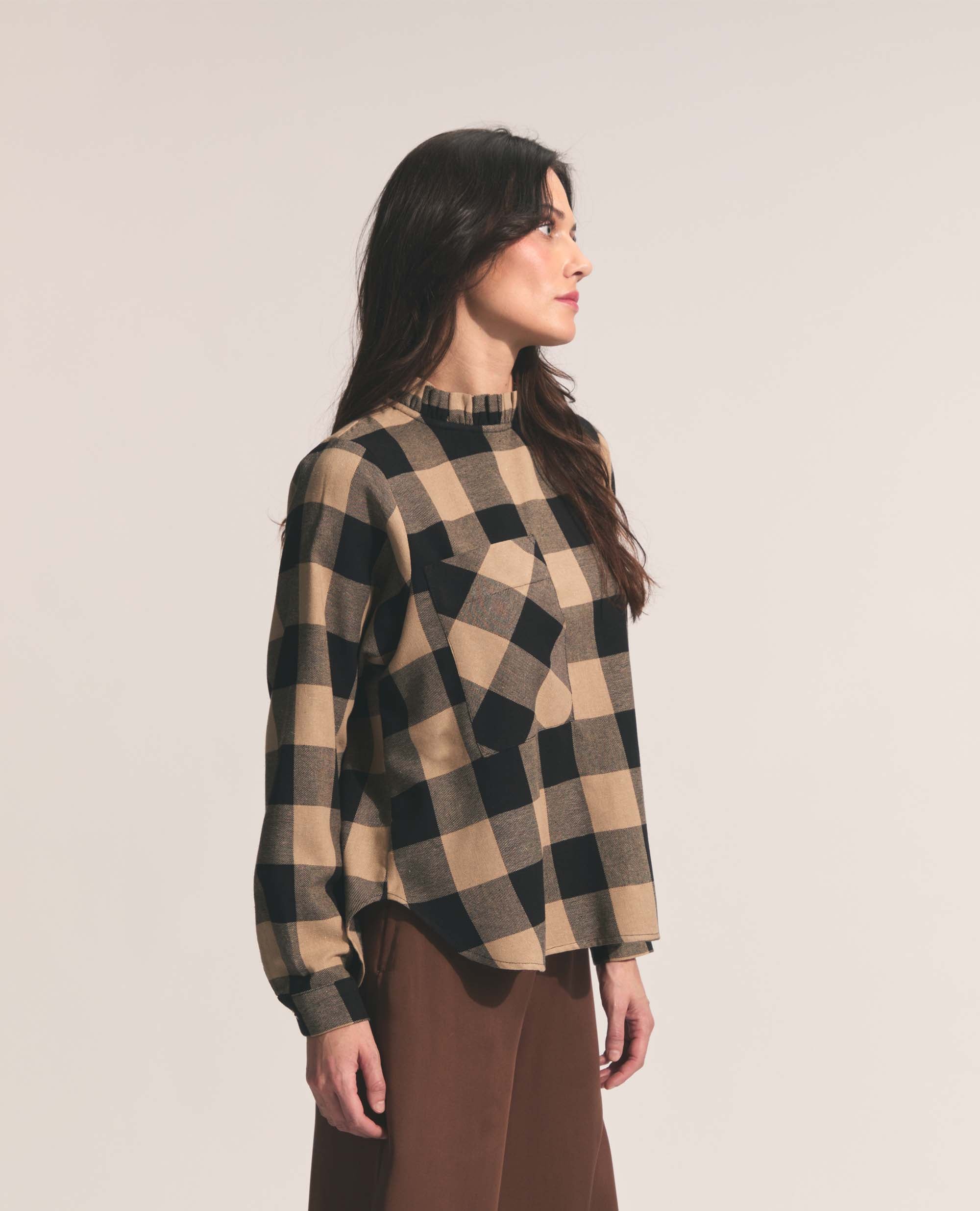Luisa | Frill Neck Blouse | Black & Tan Check