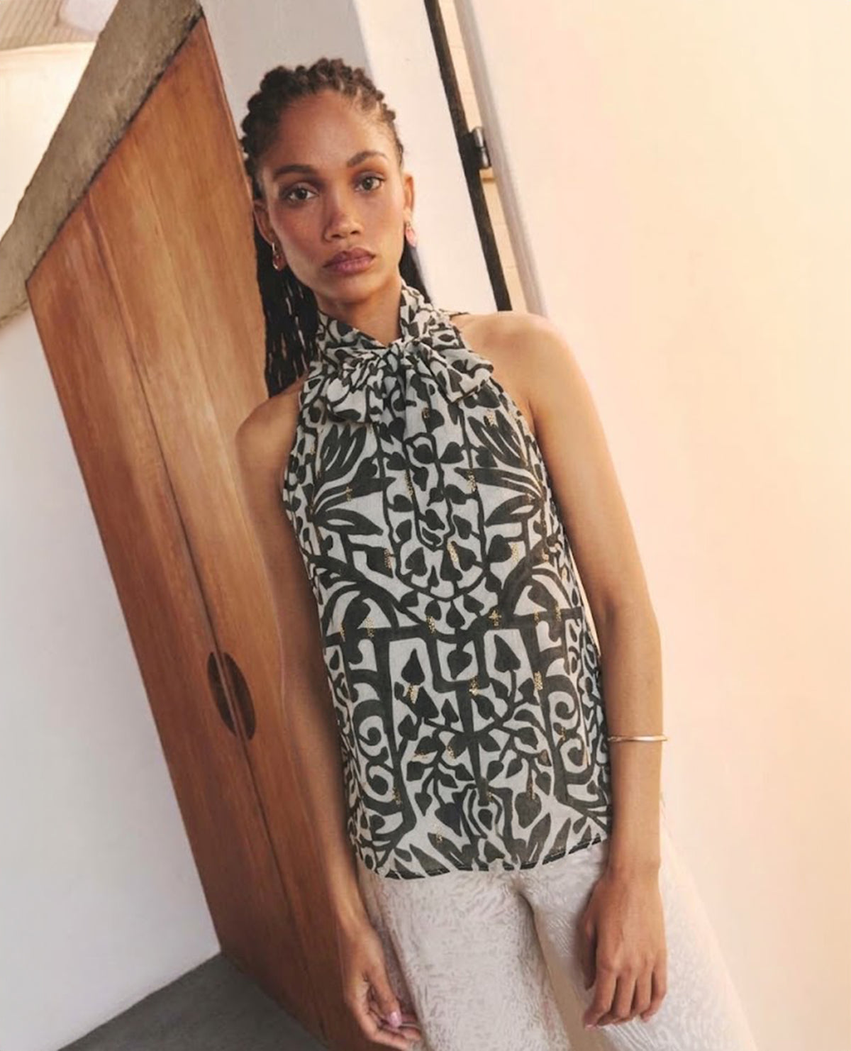 Lavalli | Sleeveless High-Neck Blouse | Gold Stripe & Charcoal Ostrich Print
