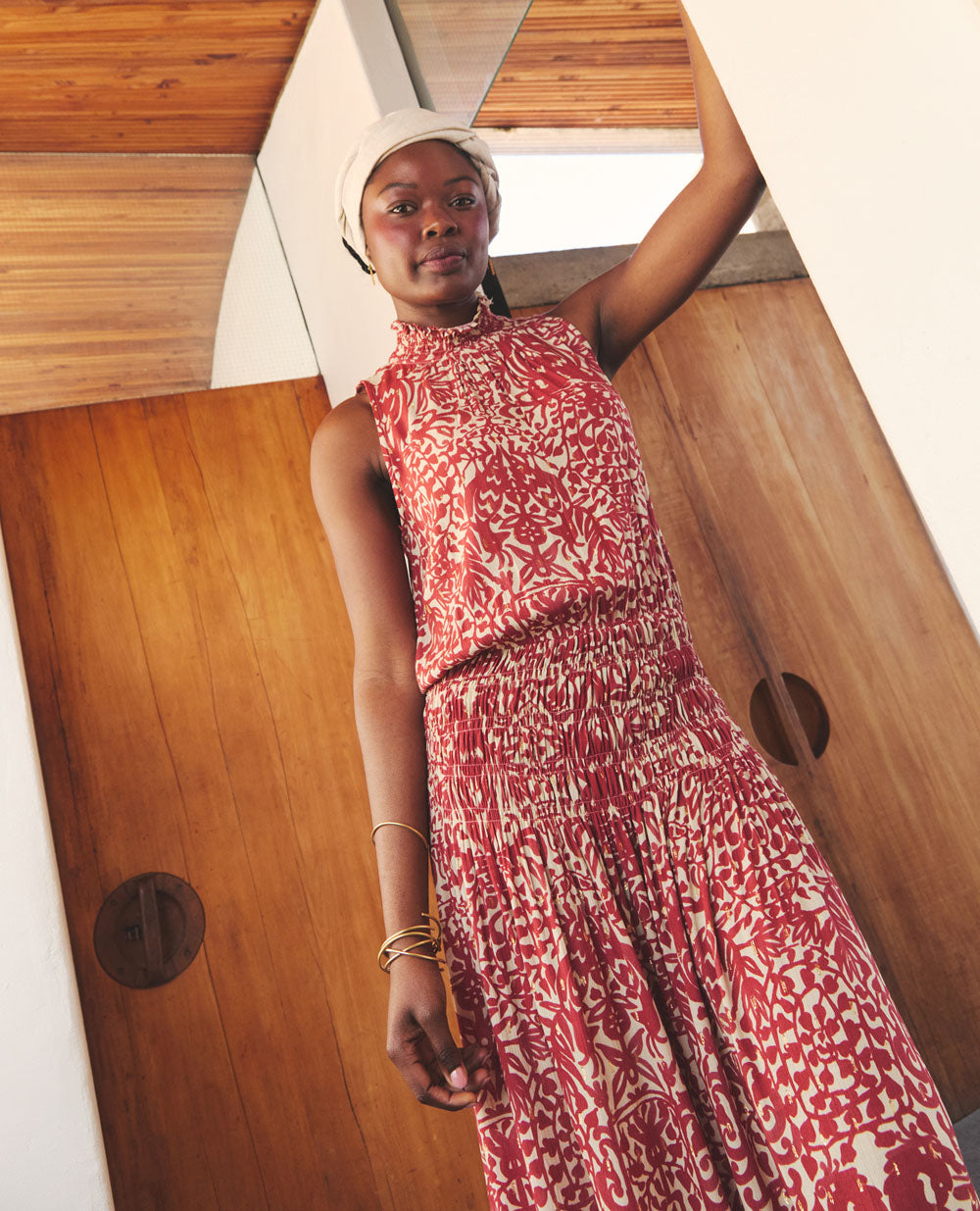 Flora | High Neck Maxi Dress | Gold Dot & Chilli Ostrich Print