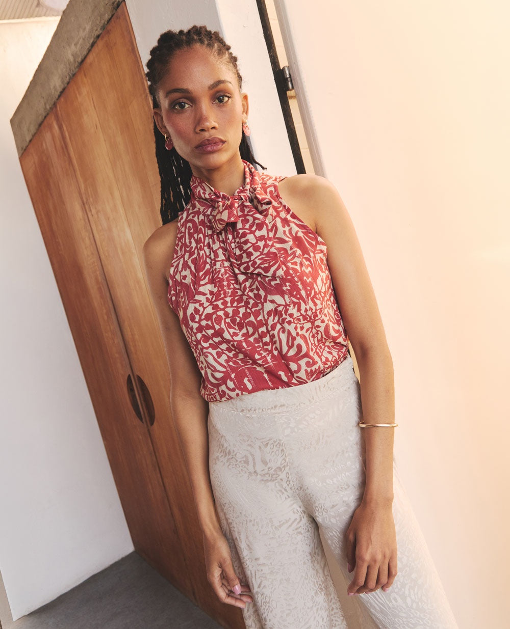 Lavalli | Sleeveless High-Neck Blouse | Gold Stripe & Chilli Ostrich Print