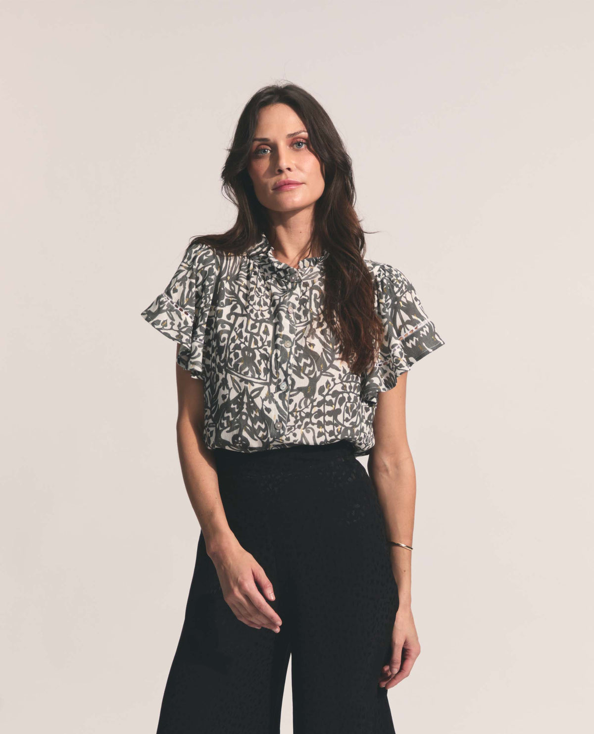 Lilia | Relaxed Blouse | Gold & Charcoal Ostrich Print