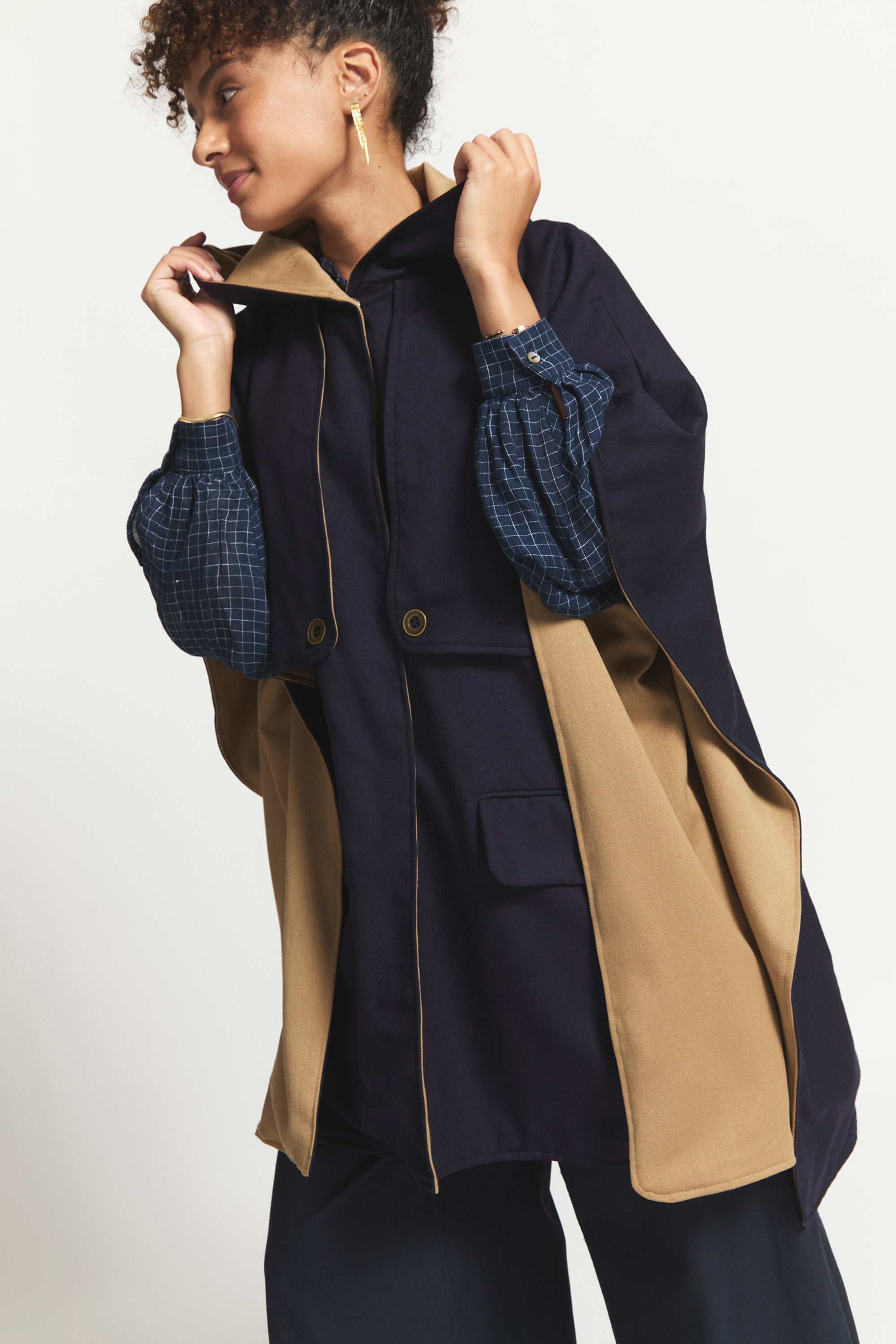 Tone | Oversized Poncho With Hood | Navy & Toffee