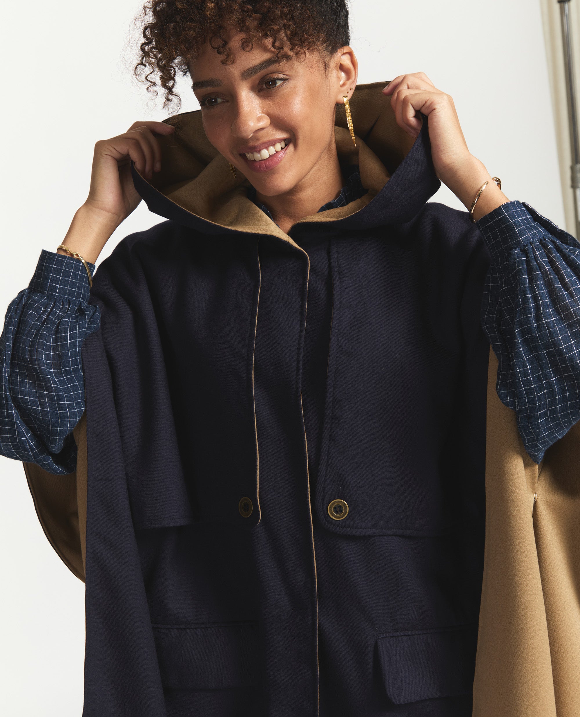 Tone | Oversized Poncho With Hood | Navy & Toffee