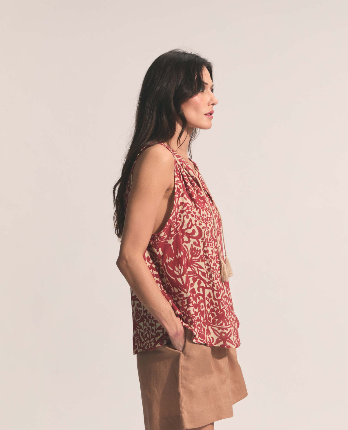 Alfama | Tassle Tie Blouse | Gold & Chilli Ostrich Print