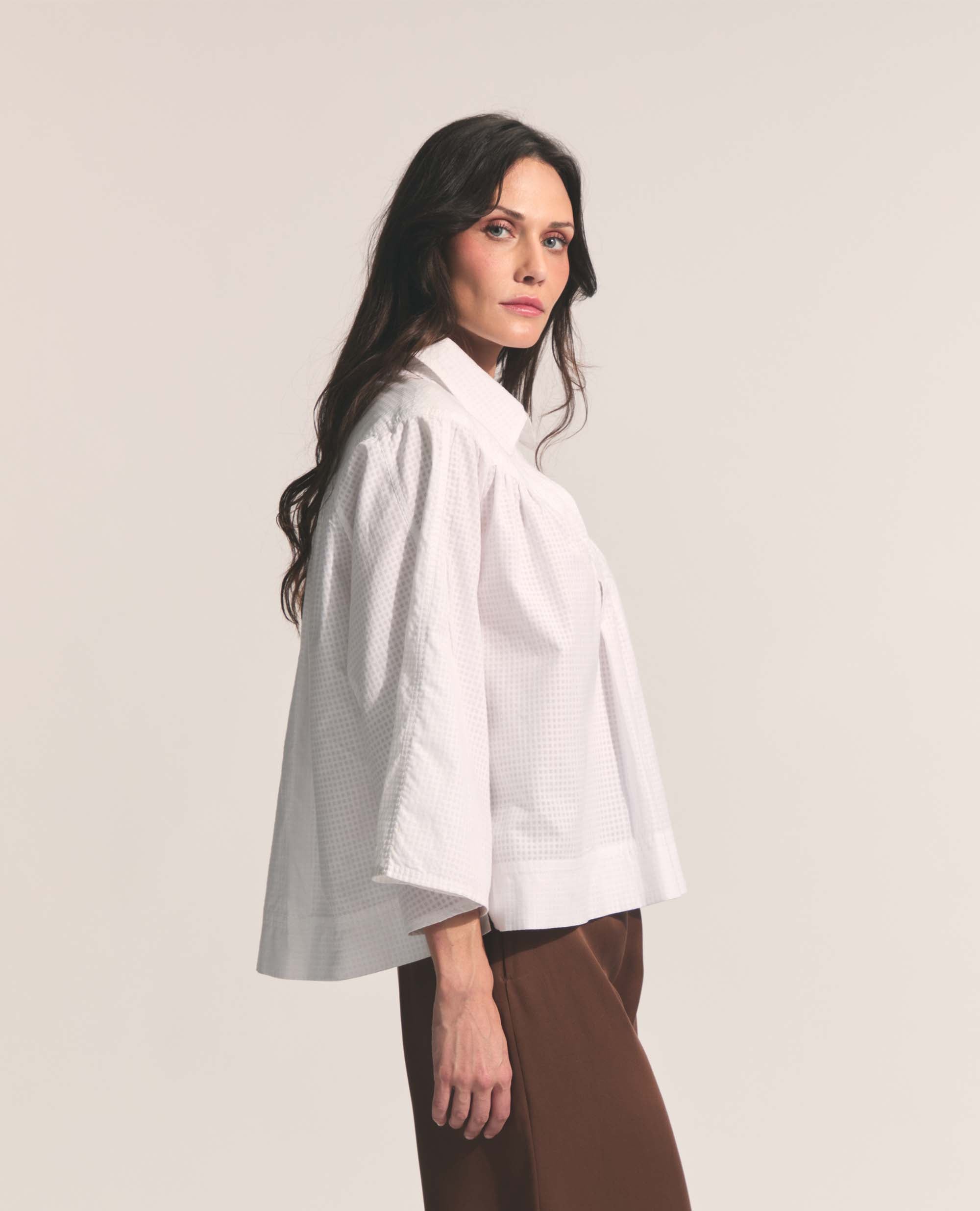 Alva | Three-Quarter Blouse | White Check